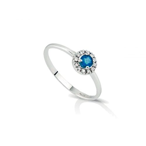Anello da donna rotondo in oro 18 carati, diamanti e zaffiro centrale