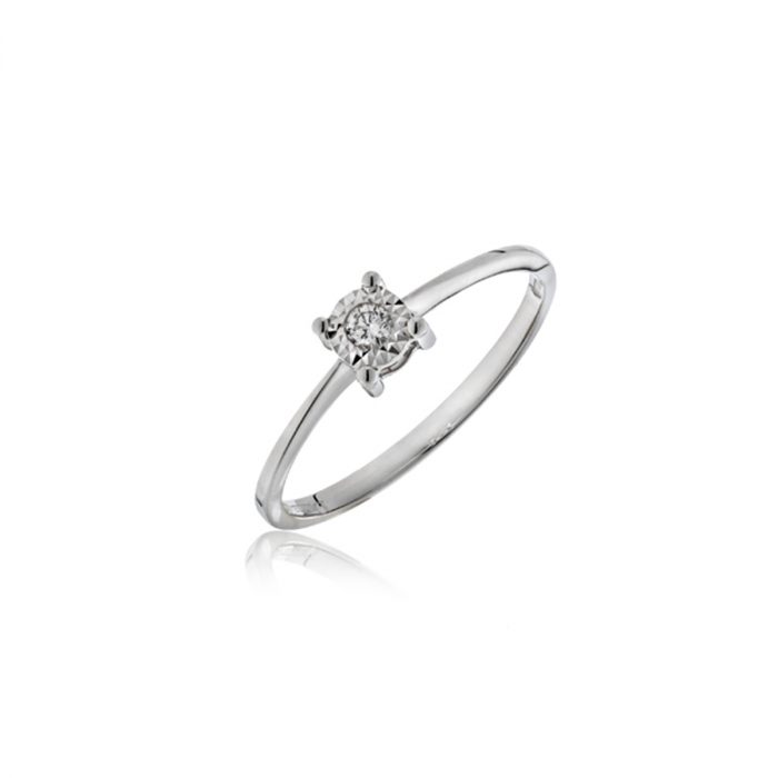 Anello solitario in oro bianco con dischetto diamantato e diamante