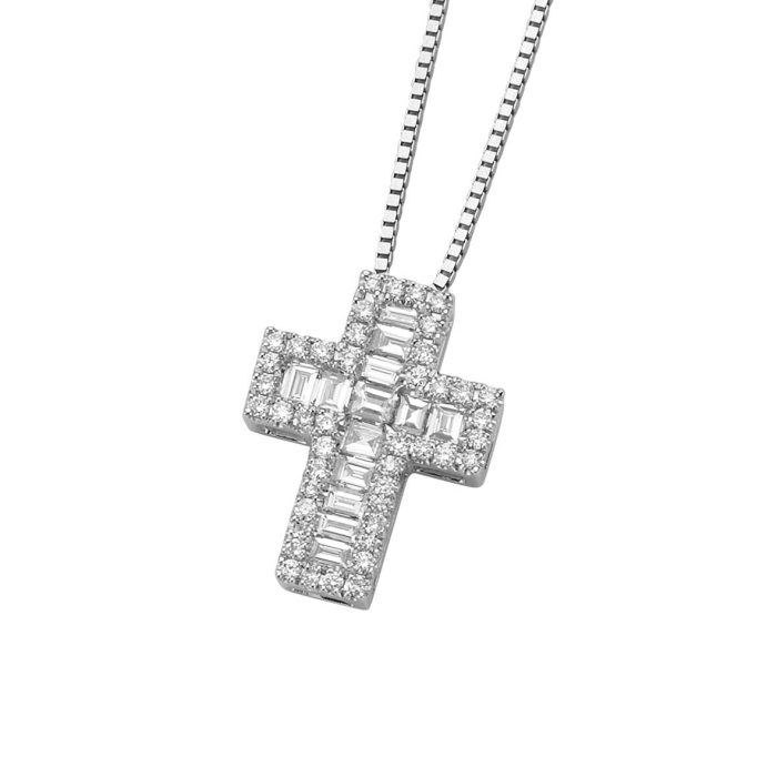 Pendente a croce in oro bianco 18kt e pavé di diamanti, collezione Devotion - DonnaOro Jewels