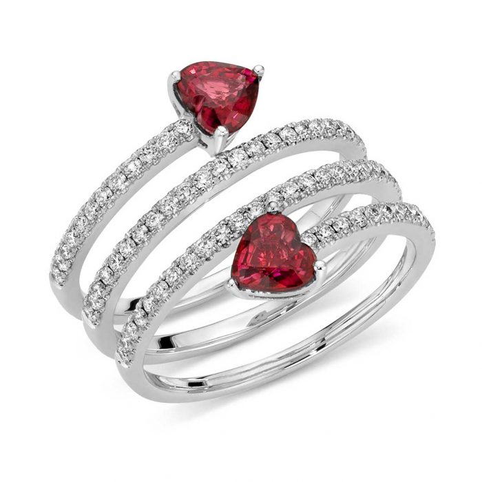 Fancy ring in white gold with heart-shaped rubies and diamonds - DonnaOro Jewels