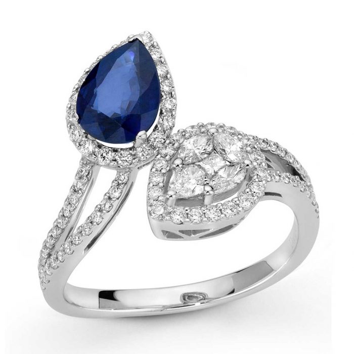 Fancy ring in 18kt white gold with diamonds and drop-shaped sapphire