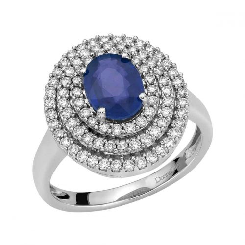 White gold ring with pavé diamonds and sapphire