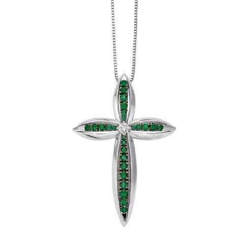 Cross pendant in white gold with diamond and emeralds