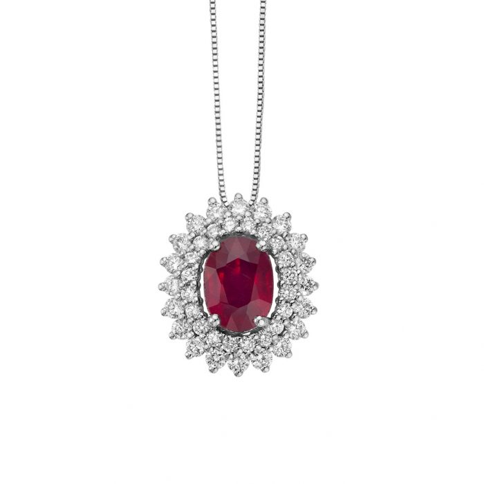 18-karat white gold pendant with oval ruby and pavé diamonds - DonnaOro Jewels