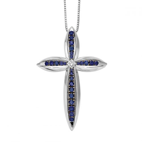 Cross pendant with sapphires and diamond