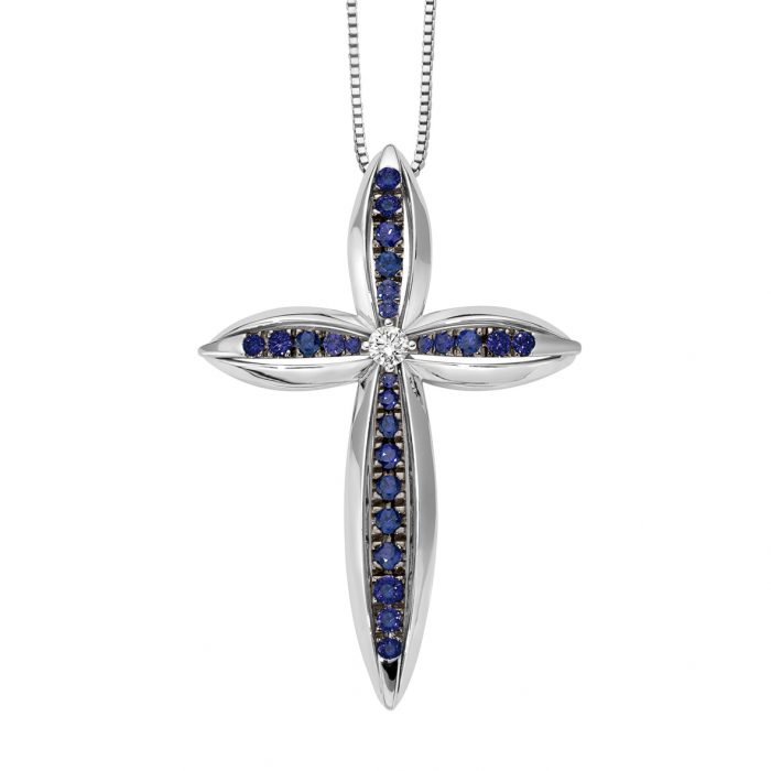 Cross pendant with sapphires and diamond