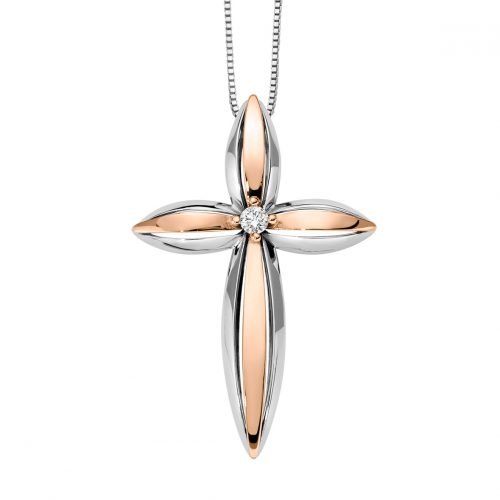 Cross pendant in white and rose gold 18 kt with diamond
