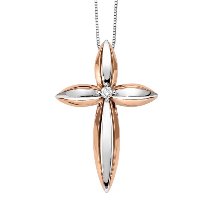 Cross pendant in white and rose gold with diamond