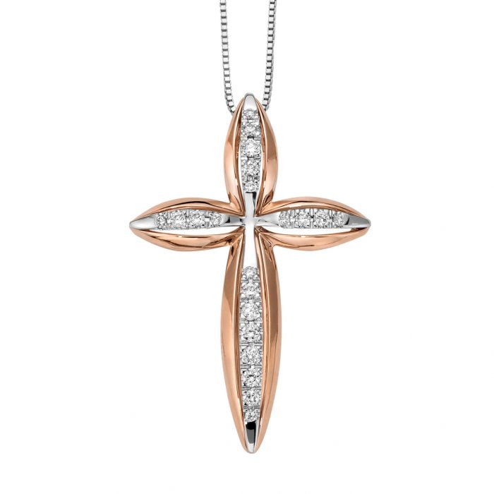 Cross pendant in white and rose gold with diamonds