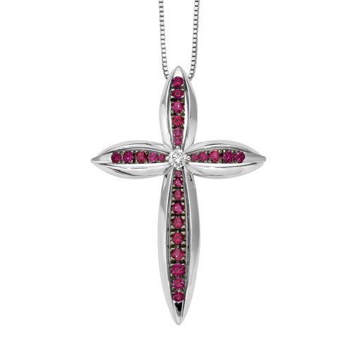 Pendente a croce Venticinque in oro bianco con rubini e diamante centrale