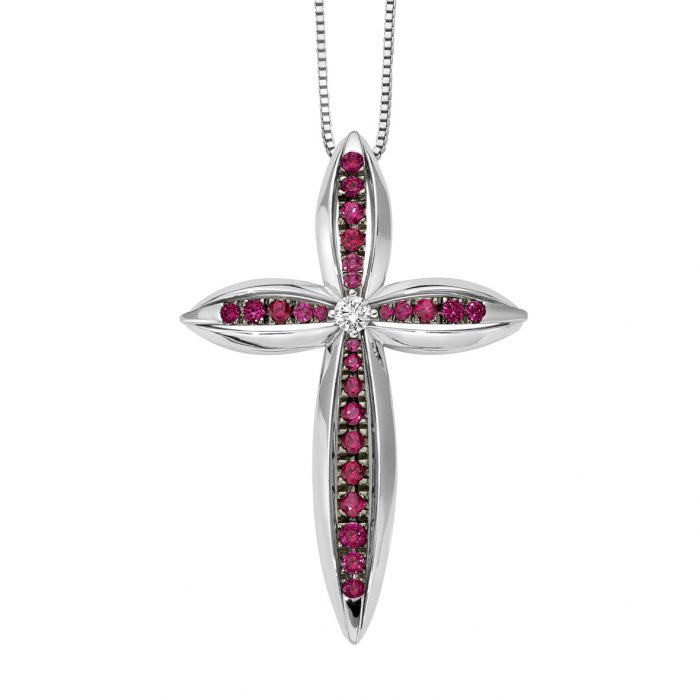 Pendente a croce Venticinque in oro bianco con rubini e diamante centrale