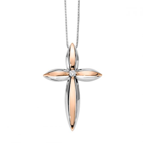 Pendente a croce Venticinque in oro bianco e rosa con diamante centrale